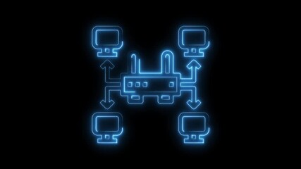 Wall Mural - Glowing neon network topology animation connecting computers and server on black background