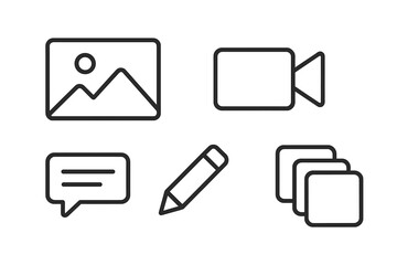 Web content icons set in modern line style, including photo, video, media, blogging, message, pencil edit, and multi-layered interface symbols, transparent background vector illustration