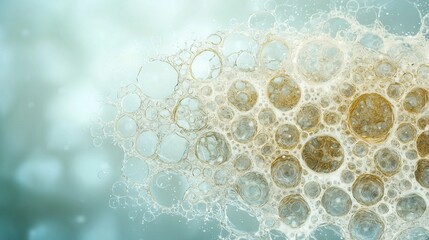 Wall Mural -   A focused image of water droplets on a blue-green backdrop with hazy surroundings