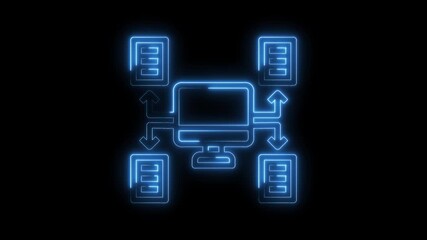 Wall Mural - Neon data transfer animation displaying network connection with computer and files on a black background
