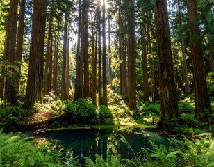  Sunlight streams through a lush forest with a tranquil pool
