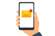 © Michael - New email notification on mobile phone screen. Hand holding smartphone with unread message alert from mail app. Business communication concept. Vector inbox illustration.