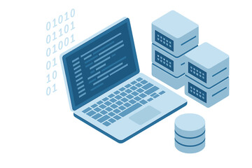Programming software development isometric concept. Program code on laptop. Big data processing, cloud computing, database analysis vector illustration. Digital technology, server.