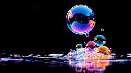 Wall Mural -   A group of bubbles on water against a black backdrop with mirrored reflections
