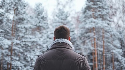Wall Mural - A person standing outdoors in front of a snowy forest, suitable for winter scenes or outdoor activities