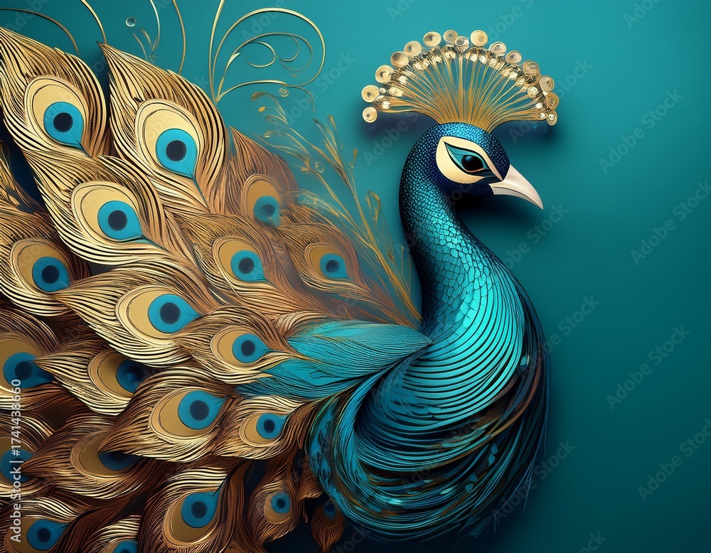 artistic rendering of a stylized peacock in blue and gold against an ...
