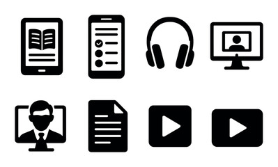 Digital icons: tablet, checklist phone, headphones, computer, video, document, play buttons