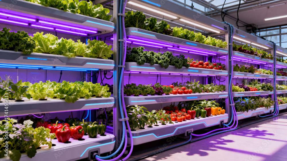 Vertical farming setup with rows of leafy greens tomatoes and peppers ...