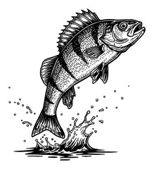 Wall Mural - perch fish jumping out of water with dramatic splash black and white outline line art drawing