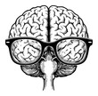 © Reytr - Human Brain Wearing Eyeglasses Front View Medical Concept Black and White Outline Line Art Drawing