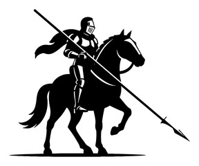 Wall Mural - knight riding horse with spear logo vintage black and white outline line art drawing isolated object