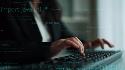 A focused programmer types on a keyboard in a modern office, with programming syntax layered in the background. Ideal for showcasing software development and technology environments. Xenic