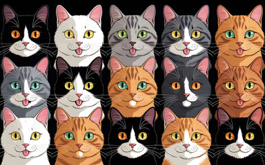 Naklejka na meble A charming group of cute cat faces creates a delightful and captivating seamless pattern design on black