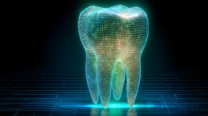 Wall Mural - 3D wireframe of a tooth with blue green and white gradient on dark background high-tech futuristic photorealistic dynamic angle showing depth and movement
