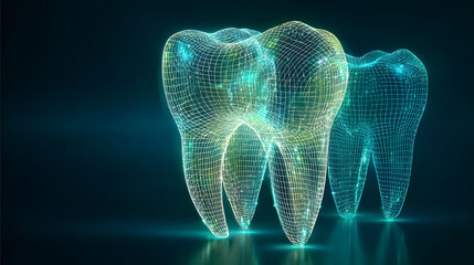 Wall Mural - 3D wireframe of a tooth with blue green and white gradient on dark background high-tech futuristic photorealistic dynamic angle showing depth and movement

