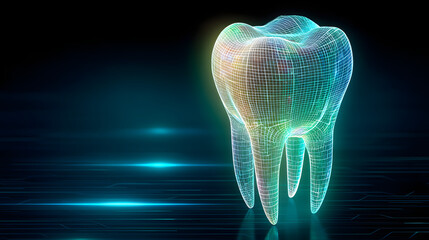Wall Mural - 3D wireframe of a tooth with blue green and white gradient on dark background high-tech futuristic photorealistic dynamic angle showing depth and movement
