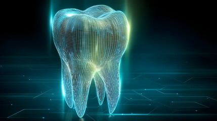 Wall Mural - 3D wireframe of a tooth with blue green and white gradient on dark background high-tech futuristic photorealistic dynamic angle showing depth and movement
