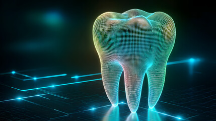 Wall Mural - 3D wireframe of a tooth with blue green and white gradient on dark background high-tech futuristic photorealistic dynamic angle showing depth and movement
