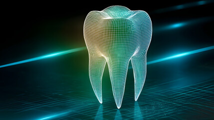 Wall Mural - 3D wireframe of a tooth with blue green and white gradient on dark background high-tech futuristic photorealistic dynamic angle showing depth and movement
