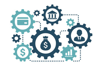 Banking mechanism abstract concept. Connected gears with flat icons for money, card, bank, business, finance. Vector illustration for financial system, economic process, fintech.