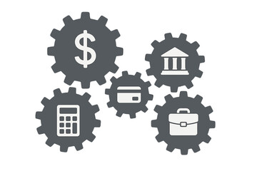 Banking mechanism vector concept. Financial system with connected gears. Abstract illustration with flat icons for money, bank, card, business, economy and finance concepts.