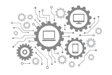 Electronics mechanism with connected gears and icons. Technology abstract background. Digital integration concept with symbols for laptop, monitor, phone. Vector interactive system.