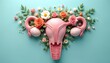 © Maryna - Uterus model with flowers on blue background. Reproductive female system with floral decoration. Concept of feminine health, wellness. Medical illustration for gynecology, obstetrics topics,