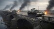 © Margarita Ratatosk - Military tank convoy crossing a damaged bridge during wartime. Scene of destruction and combat in urban setting.