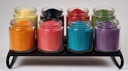 Colorful jars of powdered pigments displayed on a black rack for artistic use