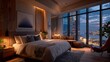 © max79im - Luxury hotel room modern interior showcasing cozy king bed stylish lounge chair modern artwork and dramatic evening cityscape view