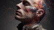 © mila103 - A man's face is shown with a colorful explosion of stars and galaxies. Concept of wonder and awe at the vastness of the universe