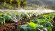 © Tyrah - Efficient irrigation in agriculture with lush green vegetables under sprinklers