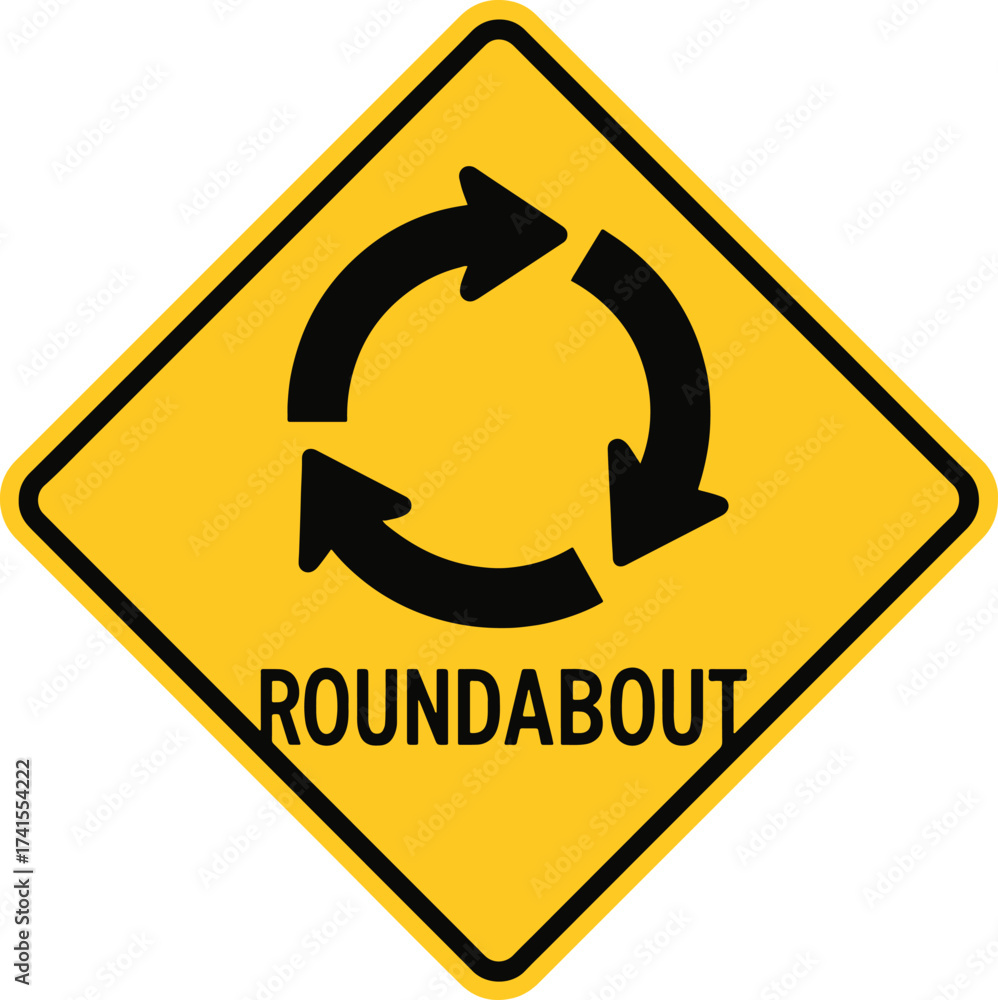 Yellow diamond road sign warning of roundabout ahead with circular ...