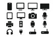 © Joan - Technology devices solid glyph icon set. Vector collection of electronic gadgets silhouettes. Smartphone, computer, camera, tablet, speaker, mic, printer and router icons.