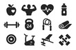 © Meline - Gym and fitness solid icon set. Vector collection of healthy lifestyle, weight training, body care and exercise equipment pictograms. Bodybuilding, cardio and workout symbols.