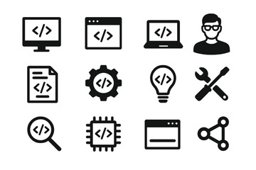 Programming coding icon set with software development symbols, programmer and developer avatar, code editor, gear, tools, CPU chip, magnifying glass, and share network vector illustration