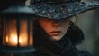 © max79im - A spooky Halloween portrait of a mysterious witch in a forest holding a lantern that casts dramatic shadows on her face