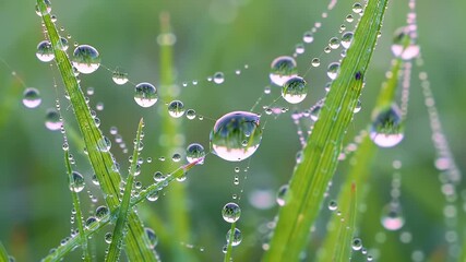 Fresh morning dew drops on an intricate spiderweb covering green grass stalks