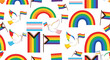 © masiku - Colorful seamless pattern with pride flags, doves, and rainbows on white