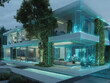 © plaassc - Smart eco home controlled by ai holograms futuristic living room with glass facade and vertical garden glowing ambient light