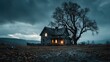 © max79im - Atmospheric Halloween background with haunted house silhouette crooked trees glowing windows dark cloudy sky high-quality image