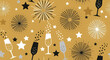 © masiku - Festive pattern with champagne glasses, star shapes, and firework bursts on golden background