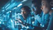 © mila103 - Three people are looking at a computer screen with a blue background. Concept of collaboration and teamwork as the individuals work together to analyze the data displayed on the screen