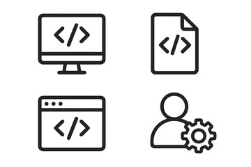 Programming development vector icons set, coding symbols on computer, code file, browser window, user with gear, software engineering, transparent background, ordered design
