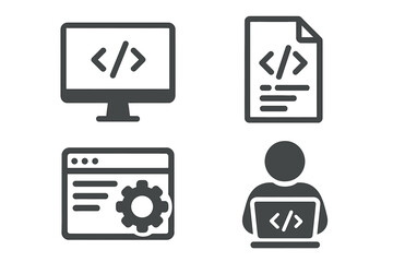 Programming development vector icons set. Software coding symbols with computer, code file, web development, and coder silhouette in flat design. Transparent background.