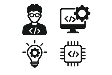 Technology development icon set with developer symbols, programming code, gear settings, light bulb innovation, and microchip vector illustrations on transparent background