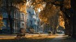 © max79im - Autumn cityscape golden leaves falling in a quiet park historic buildings soft sunlight cozy urban charm peaceful atmosphere