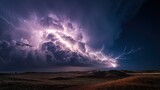 Epic landscape showing a massive thunderstorm over rolling plains lightning illuminating the scene