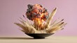 © Nataliia_Trushchenko - Large explosion is depicted in a black bowl on a table. The explosion is surrounded by a cloud of smoke and debris, creating a sense of chaos and destruction. The image conveys a feeling of danger
