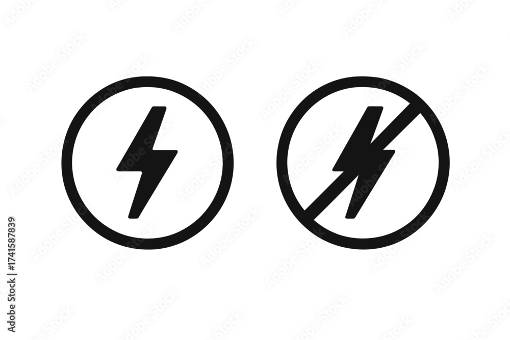 Electricity and no electricity icon set. Power on and off symbol. Vector illustration of lightning bolt sign for energy, charge, and blackout. Allowed and prohibited concept.